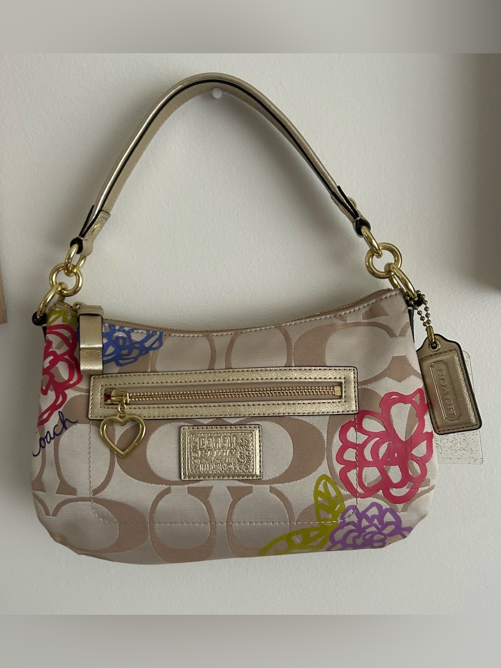 Coach Beige Signature Shoulder Bag with Pink Purple Green Floral Accents - Picture 3 of 16